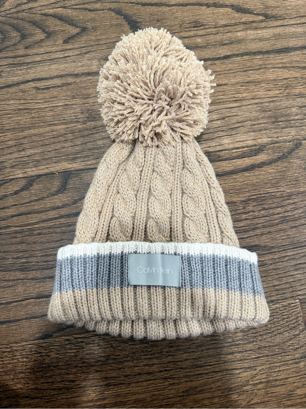 Calvin Klein Kids Tan Cable Knit Pom Hat with Gray & White Cuff